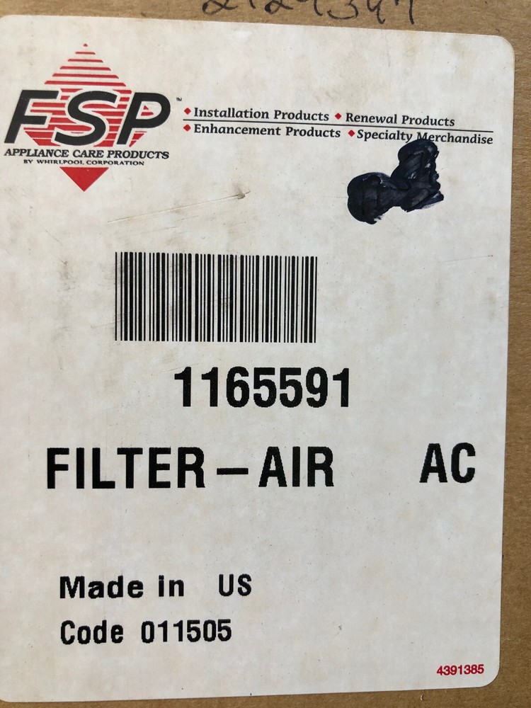 Whirlpool # 1165591 Filter, Air Conditioner