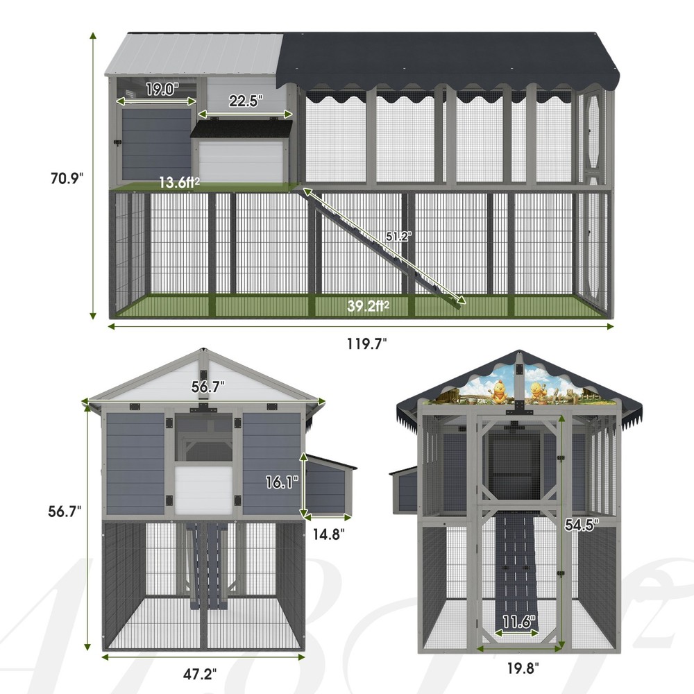 Extra Large Chicken Coop with Nesting Box, Perches and Waterproof Cover Gray