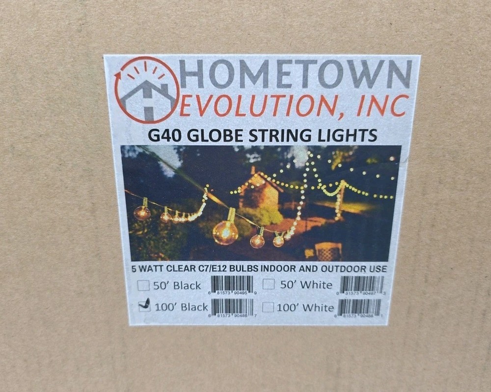 G40 Clear Outdoor Deck Globe String Lights with Black Wire. 100’ - 5 Watt Bulb