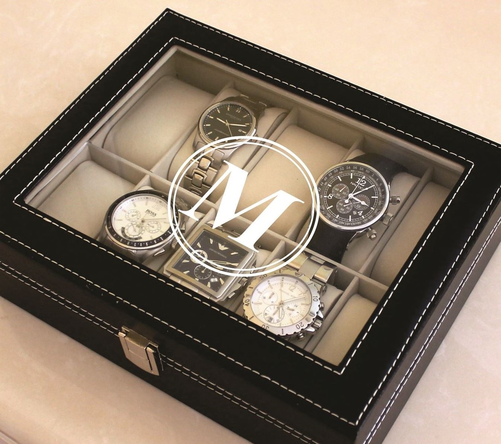 Personalized Black Watch Storage Box with Initial