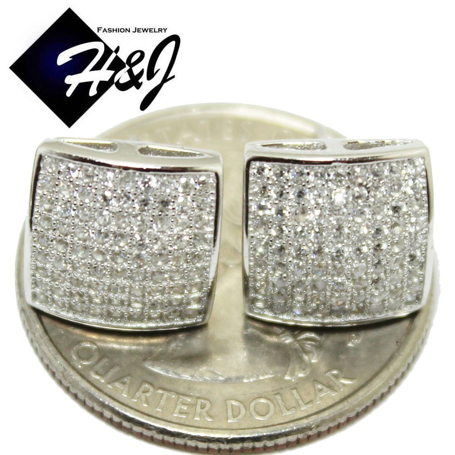 MEN WOMEN SOLID 925 STERLING SILVER ICY BLING CZ 10MM SQUARE STUD EARRING*E22