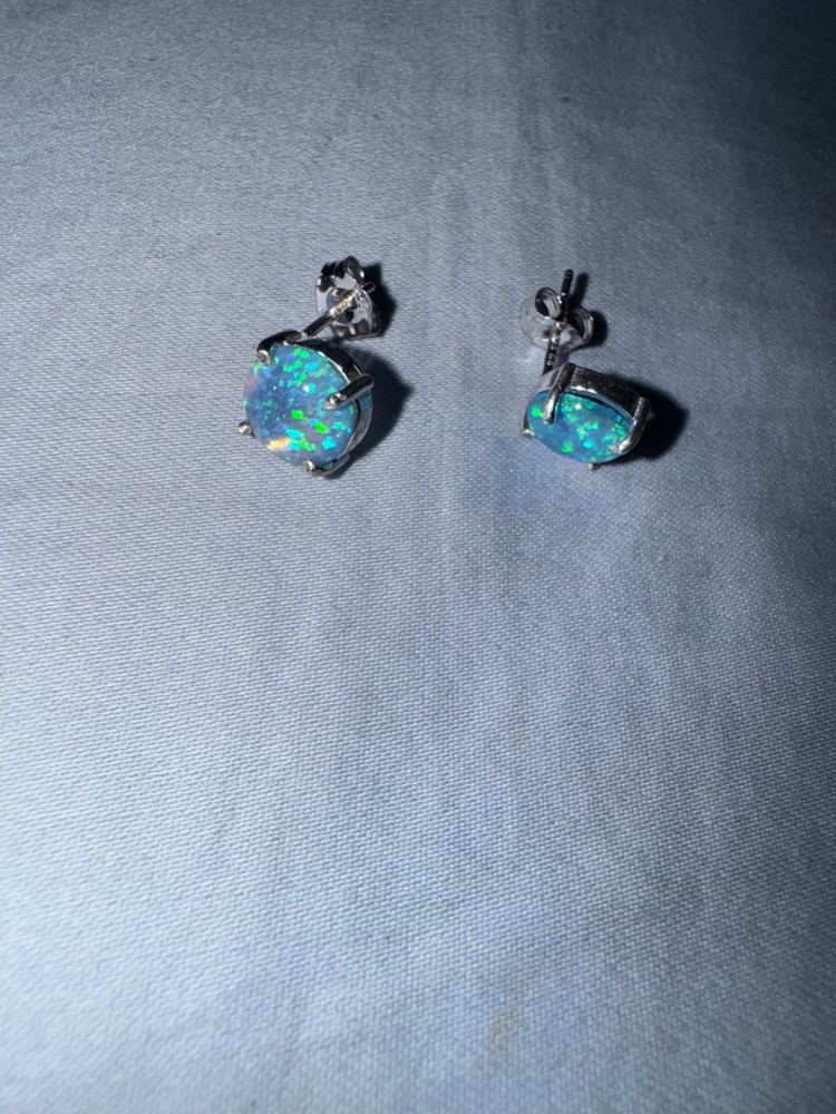 Blue Opal Round stud Earrings, Gold Plated Blue Opal Silver, Earring 8mm