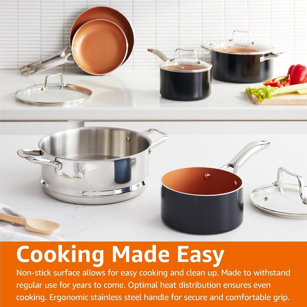 Amazon Basics Ceramic Nonstick Cookware Set, Induction Ready, Dishwasher & Oven