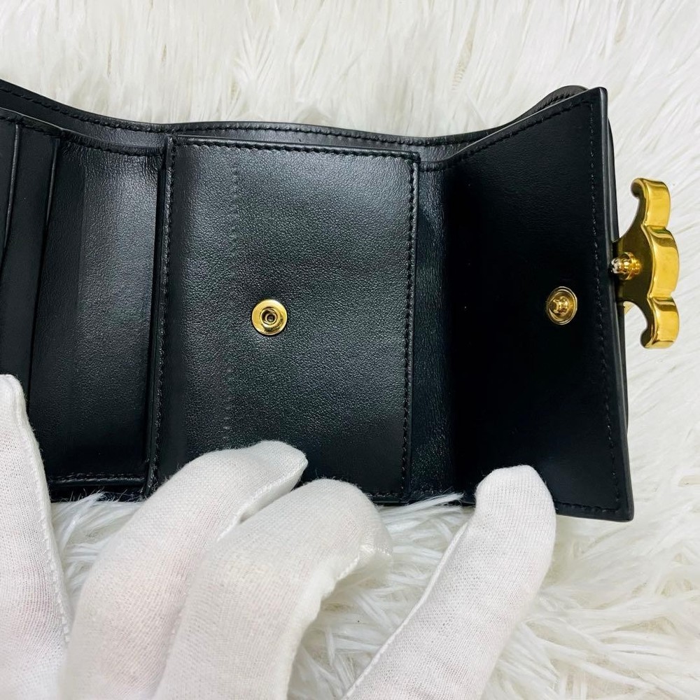 Celine Triomphe Leather Compact Wallet Black Gold