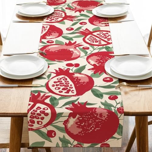 Red Pomegranate Pattern Dining Table Runner, Fruit Green Leaves Burlap Kitchen