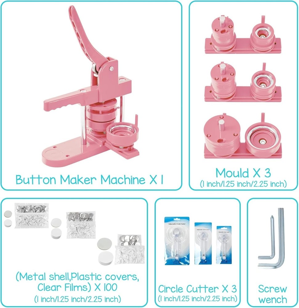 Pro Button Pin Maker Machine - 3 Mold Sizes, 300pc Kit, Labor-Saving