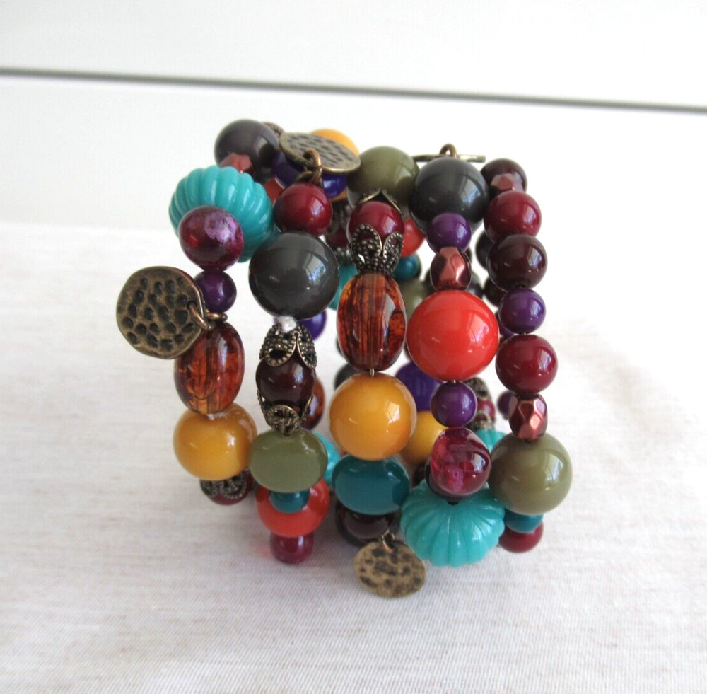 Memory Wire Bracelet Colorful Plastic Beads Small Size, 5 Strands Adjustable