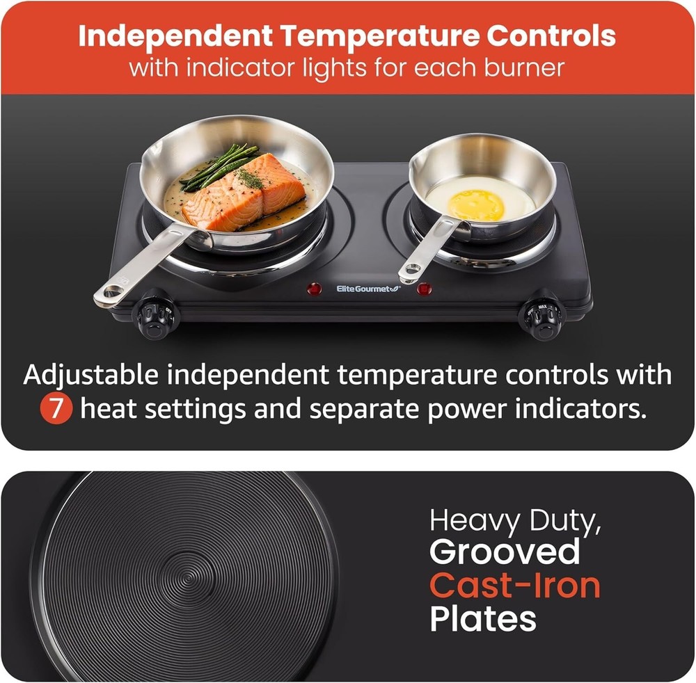 Compact Double Cast Iron Hot Plate - 1500 Watts with Easy Temperature Control