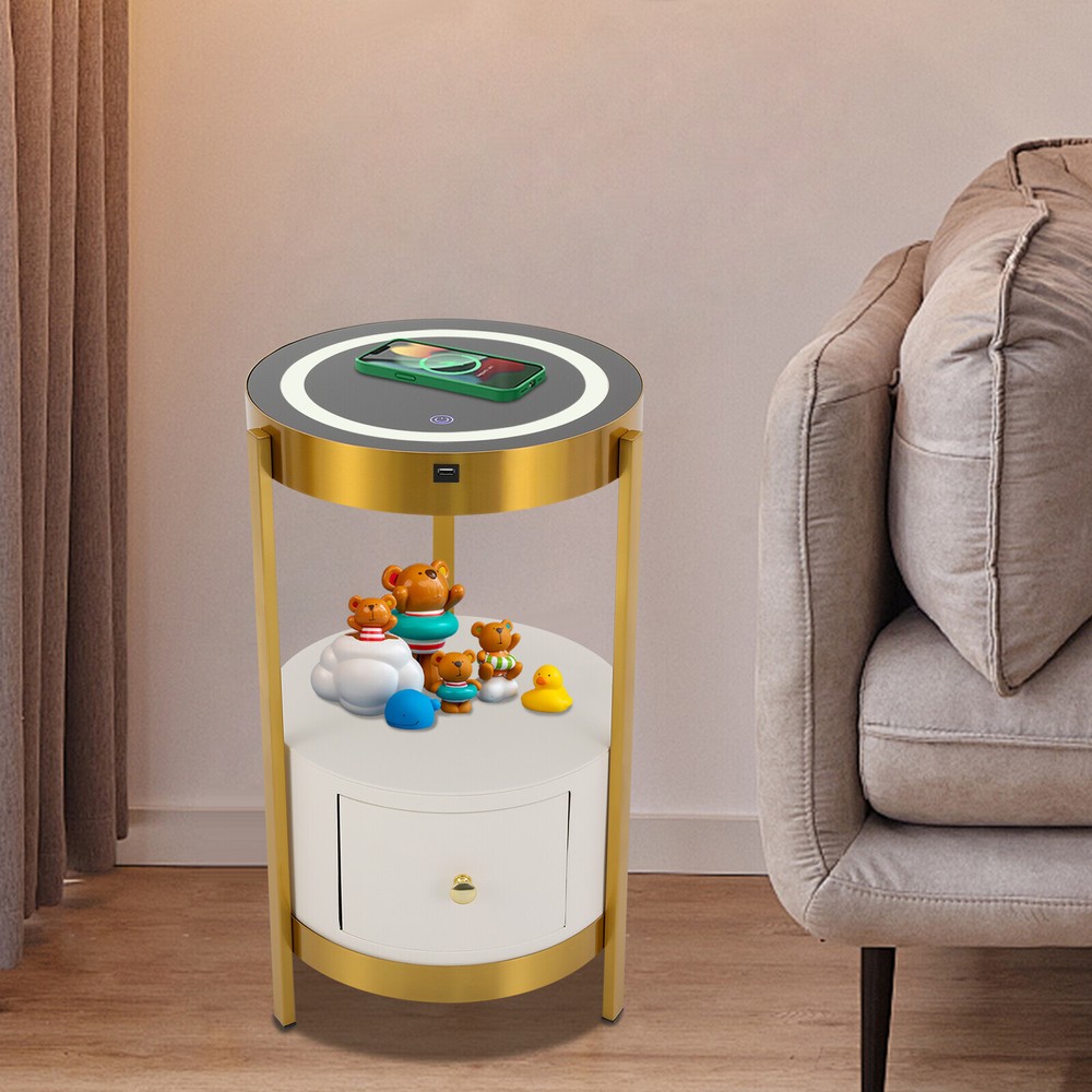 LED Nightstand Bedside Table with Drawers USB & Charging Station End Side Table