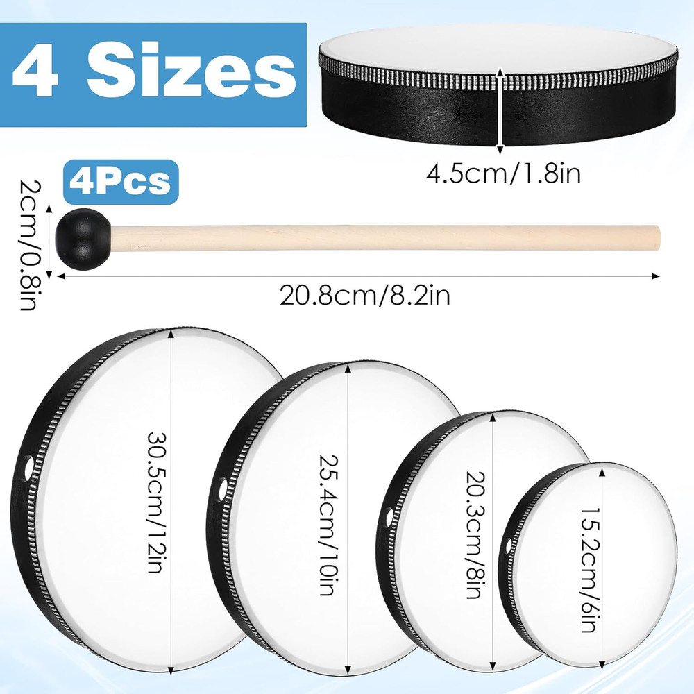 4 Pack Hand Drum Set 6-12" Wood Frame Percussion Instruments with Sticks For