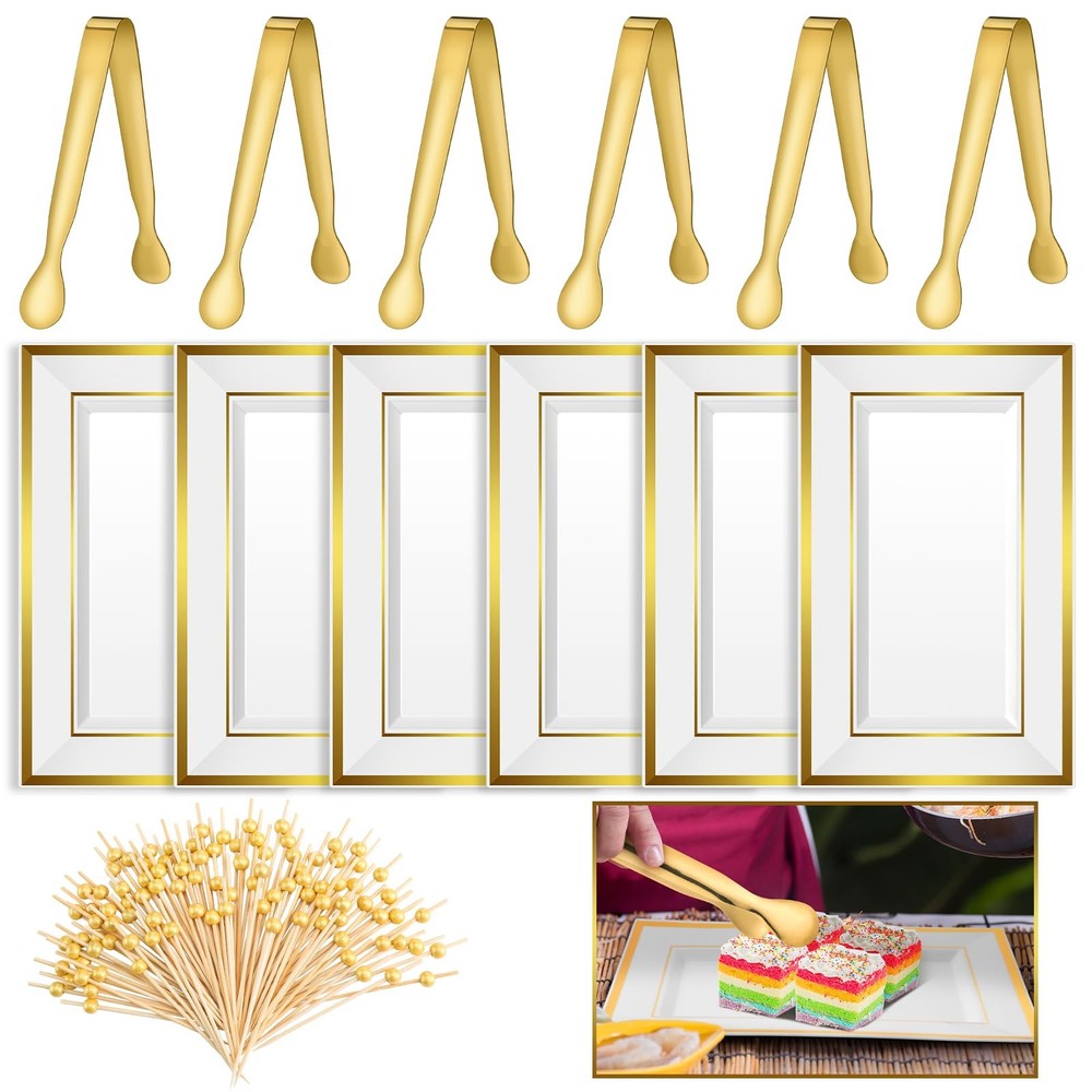FillTouch 112 Pcs Summer Gold Dinnerware Set Include 6 Disposable Rectangle Serv