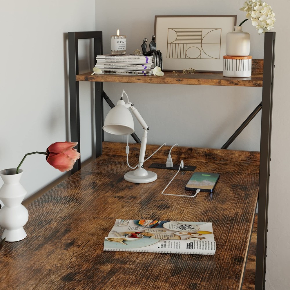 IRONCK Computer Desk 55" with Power Outlet and Storage Shelves, Study Writing...