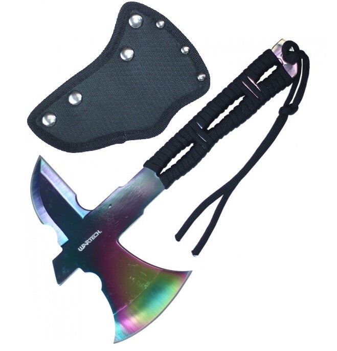 Mini Throwing Axe | 8" Overall Full Tang Rainbow Blade Cord-Wrap Handle Tomahawk