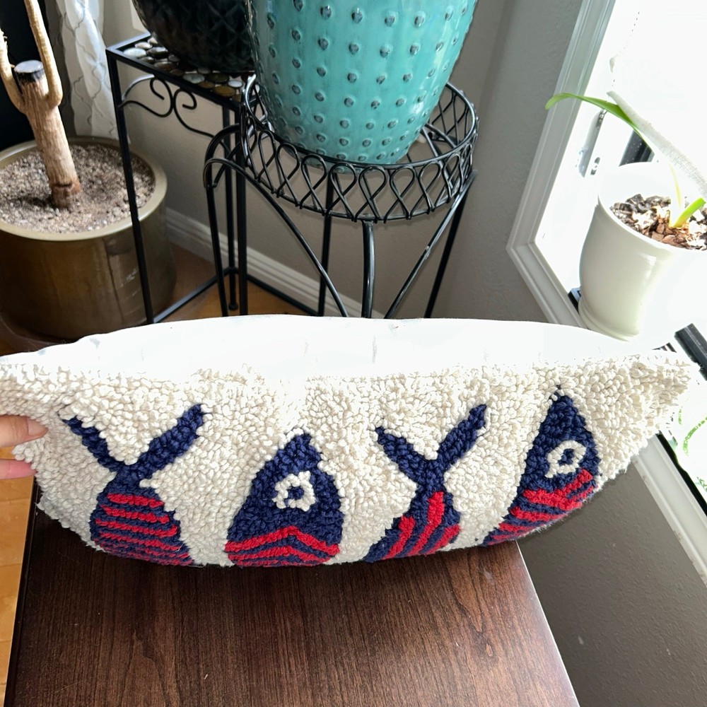 Wool Hook Coastal Pillow Fish are White Blue Beach House