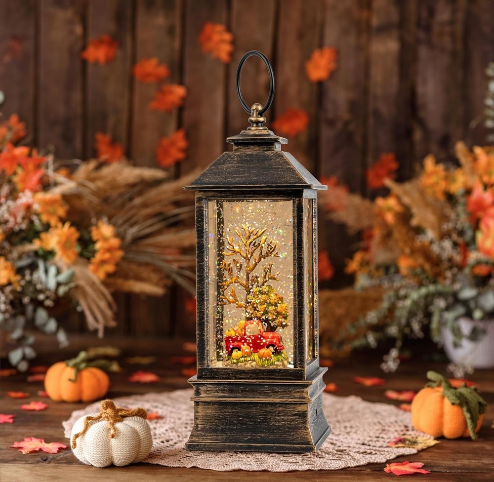 10'' Lighted Fall Snow Globe Lantern Truck Pumpkins Decor