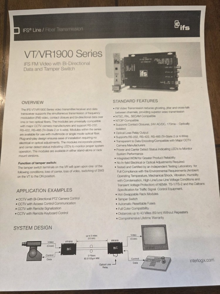 Interlogix IFS VR1930WDM FM Video Receiver/Data Transceiver SM Laser