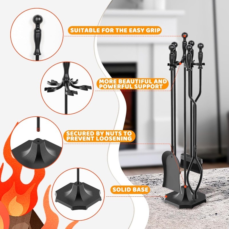 5 Pieces 31In Fireplace Tools Set, Wrought Iron Fireplace Tools Ergonomic Handle