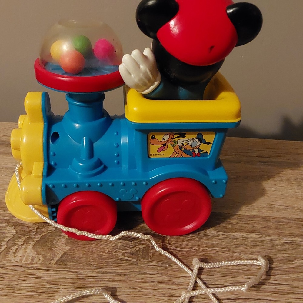Vintage Plastic Disney Mickey Mouse on Train Pull Toy Balls Pop Up when pulled