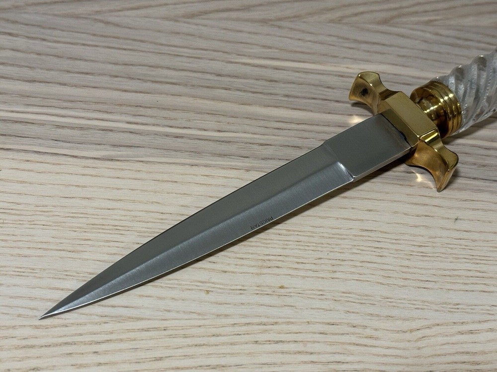 11” Boot Knife Ice Dagger Spear Tip Double Edge Brass Crystal Handle Leather