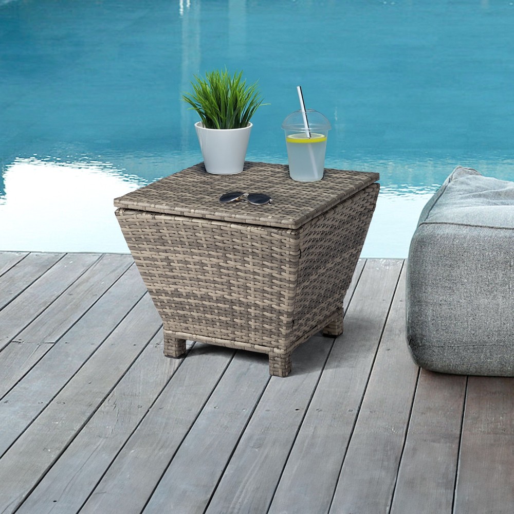 Outdoor PE Wicker Side Table with Storage, Small Patio Storage Bin Container