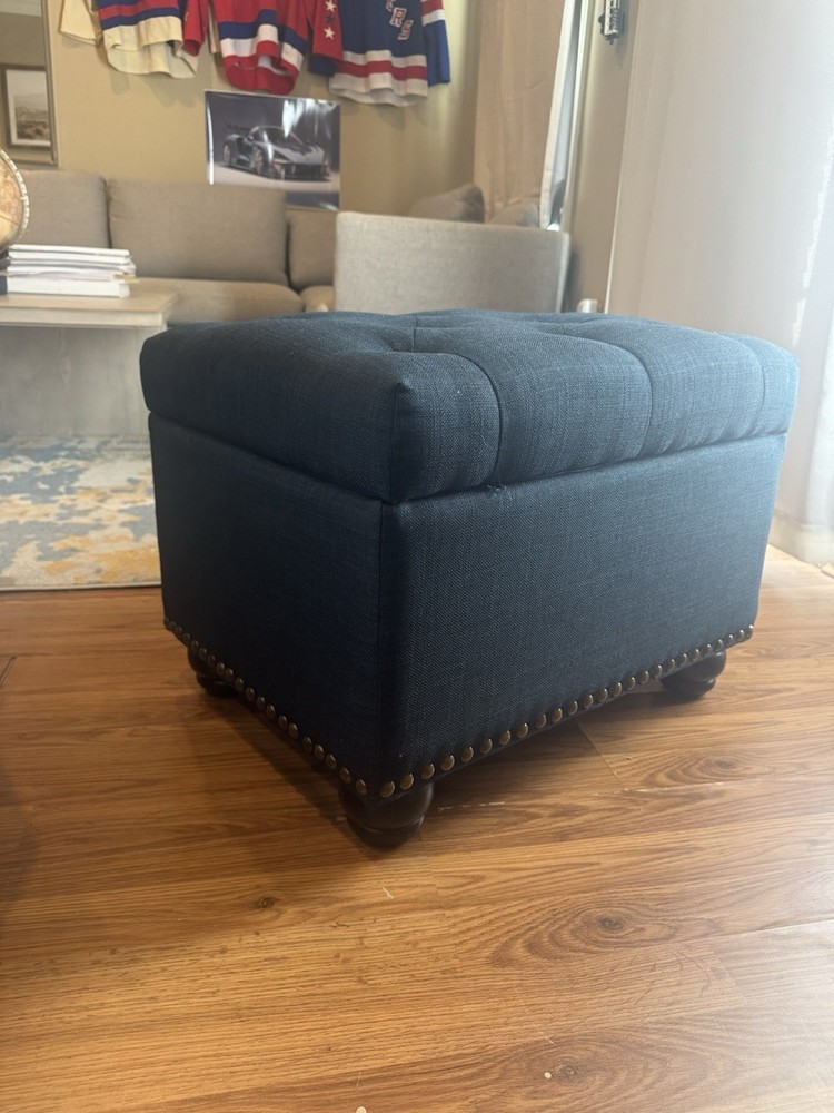 Dark Blue Tufted Rectangular Fabric Storage Ottoman with Nailhead Trim