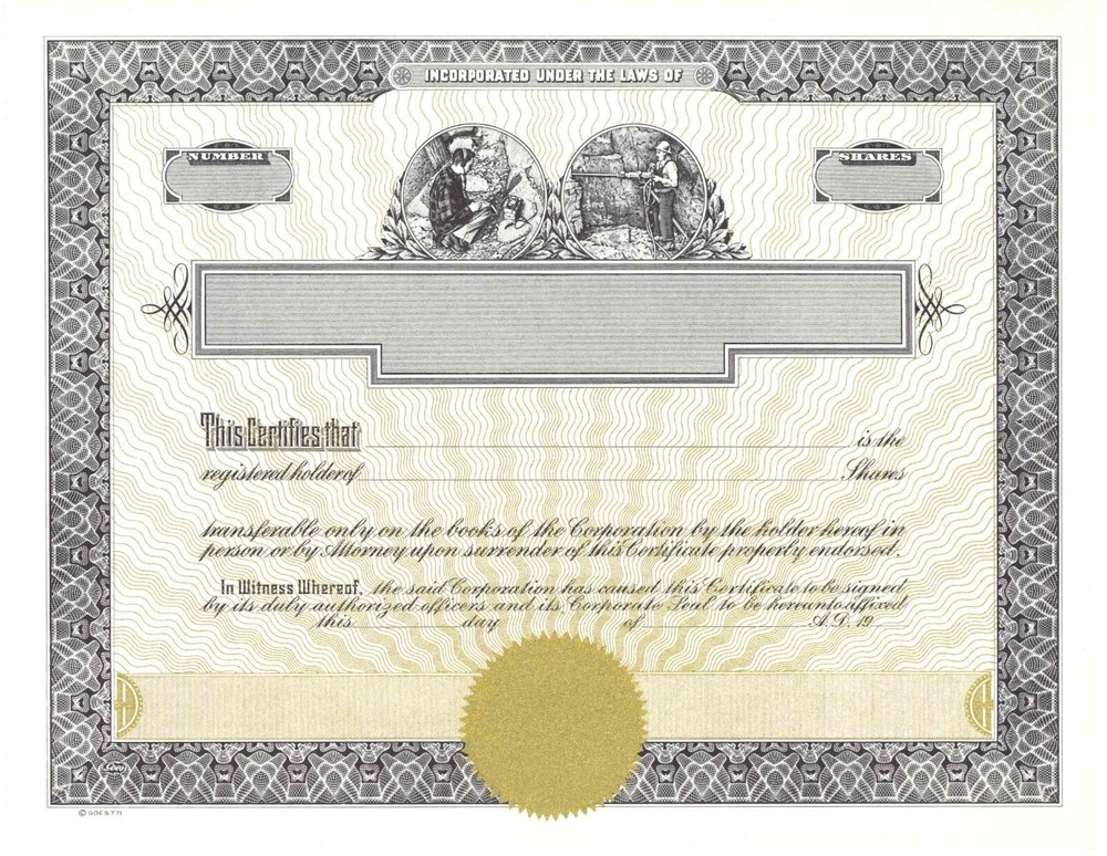 Blank Stock Certificate with Mining Vignette.
