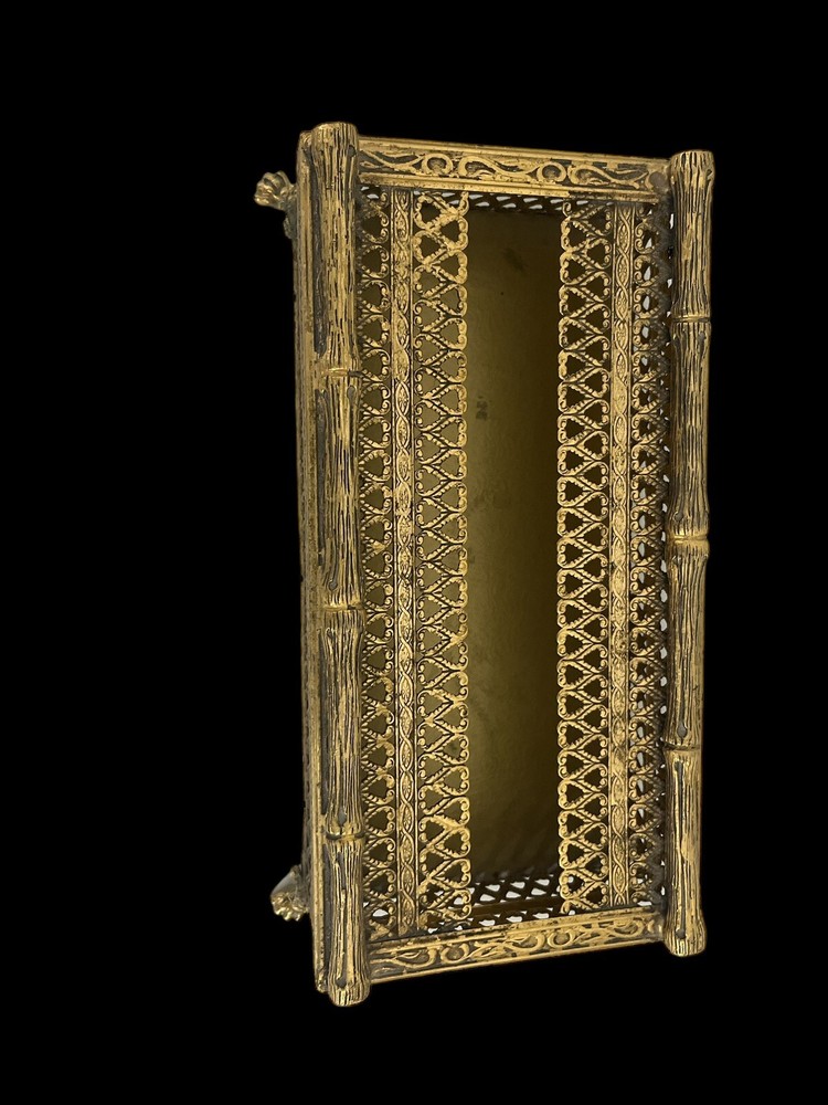 Hollywood Regency Solid Brass Bamboo Tissue Box Holder VTG 1960’s Ornate Footed