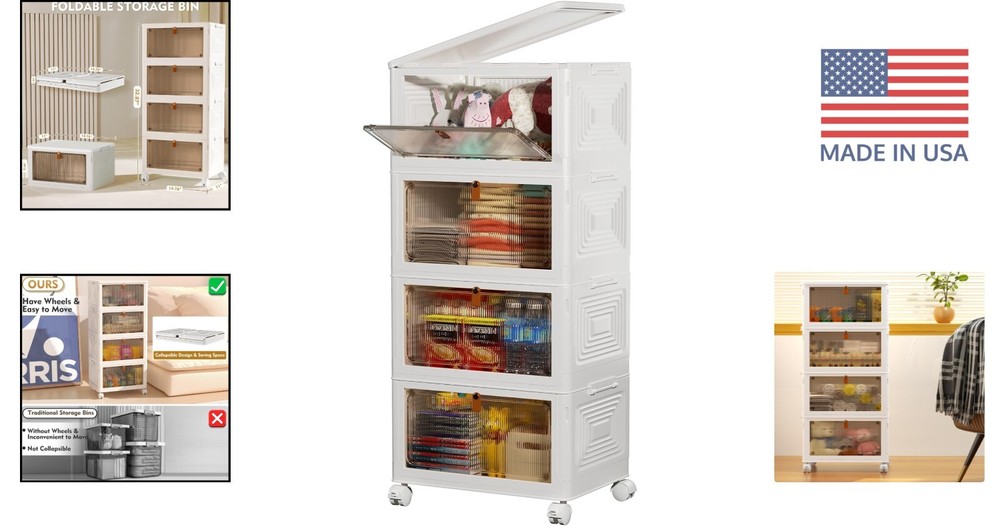 4 Tier Storage Bins with Wheels - Stackable Containers - Collapsible & Portable