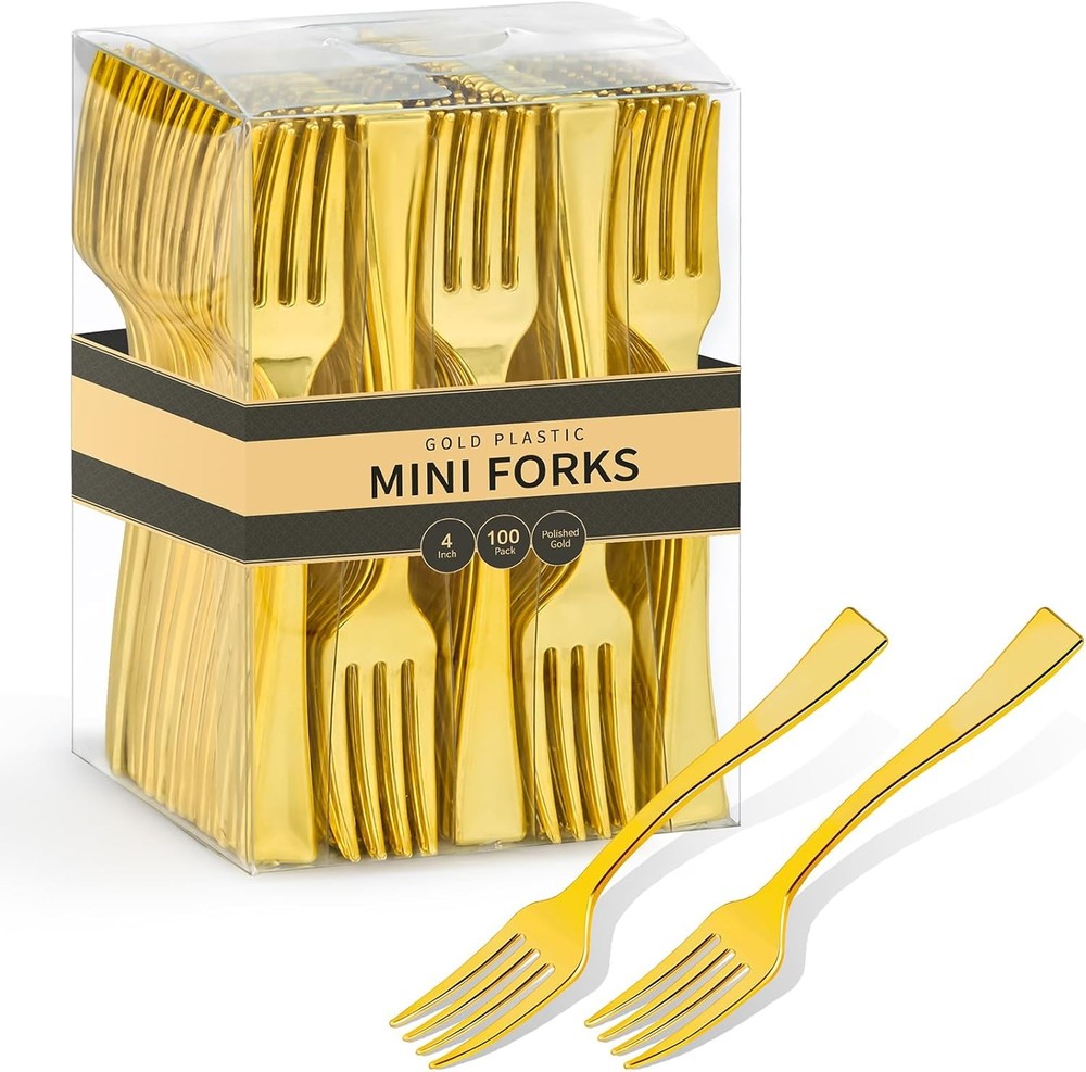 4 Inch Gold Plastic Mini Forks, Disposable Appetizer Forks Heavy