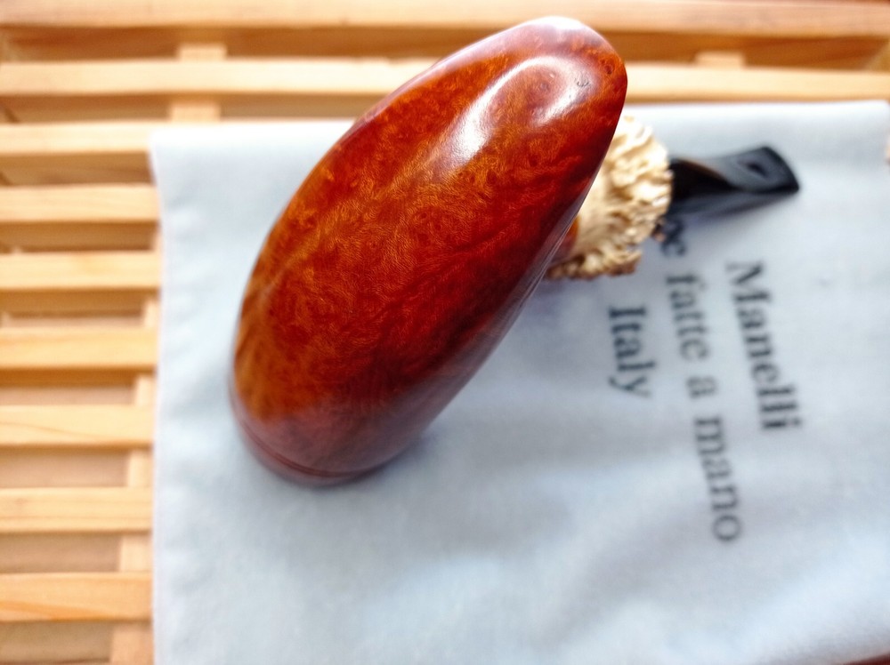 Manelli Pickaxe smooth brown briar pipe, roe deer horn insert handmade Italy 910