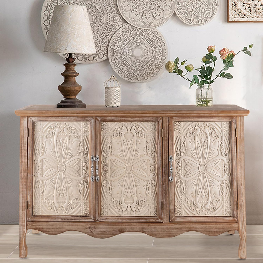 Rustic Accent Storage Cabinet with 3 Carved Doors for Home & Entryway