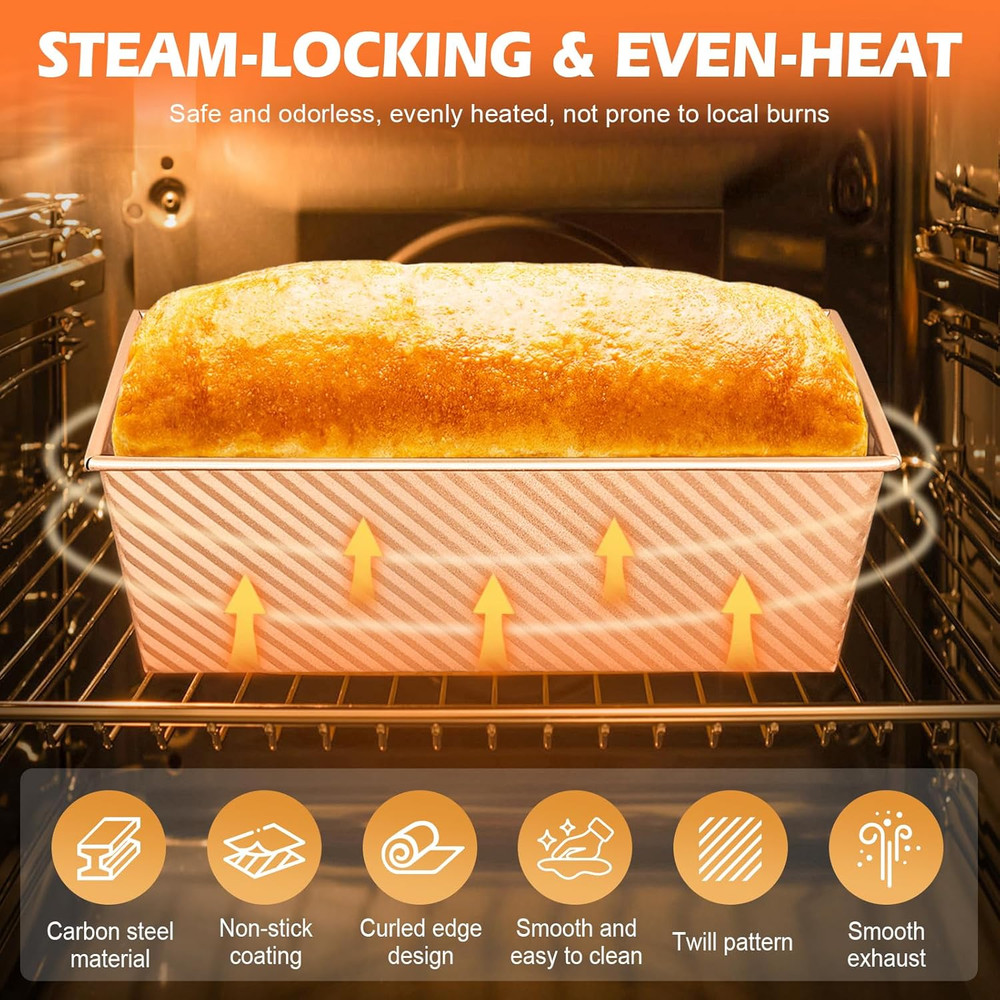 2Pack Pullman Loaf Pans with Lids – 2.2 LB & 1 LB Dough Capacity, Non-Stick Carb