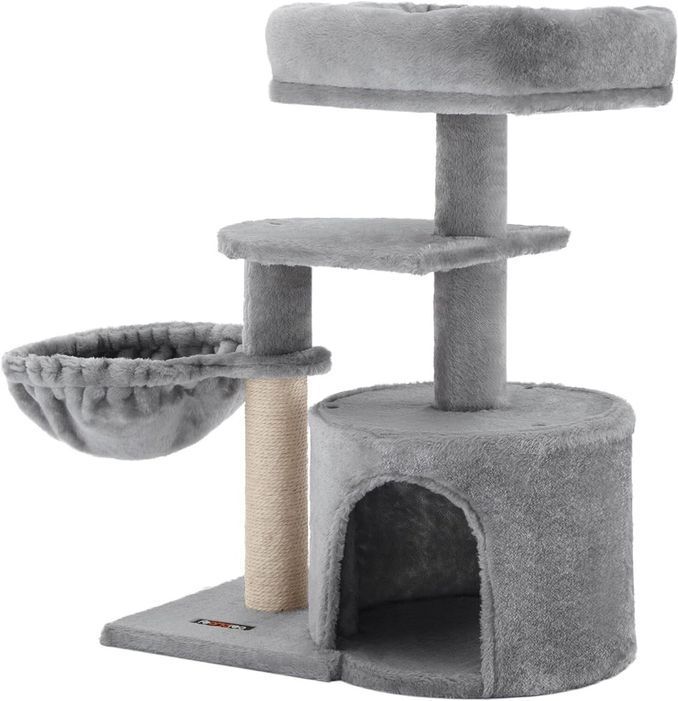 Small Cat Tree - Scratching Post - Basket - Cave - Light Gray - Compact Size