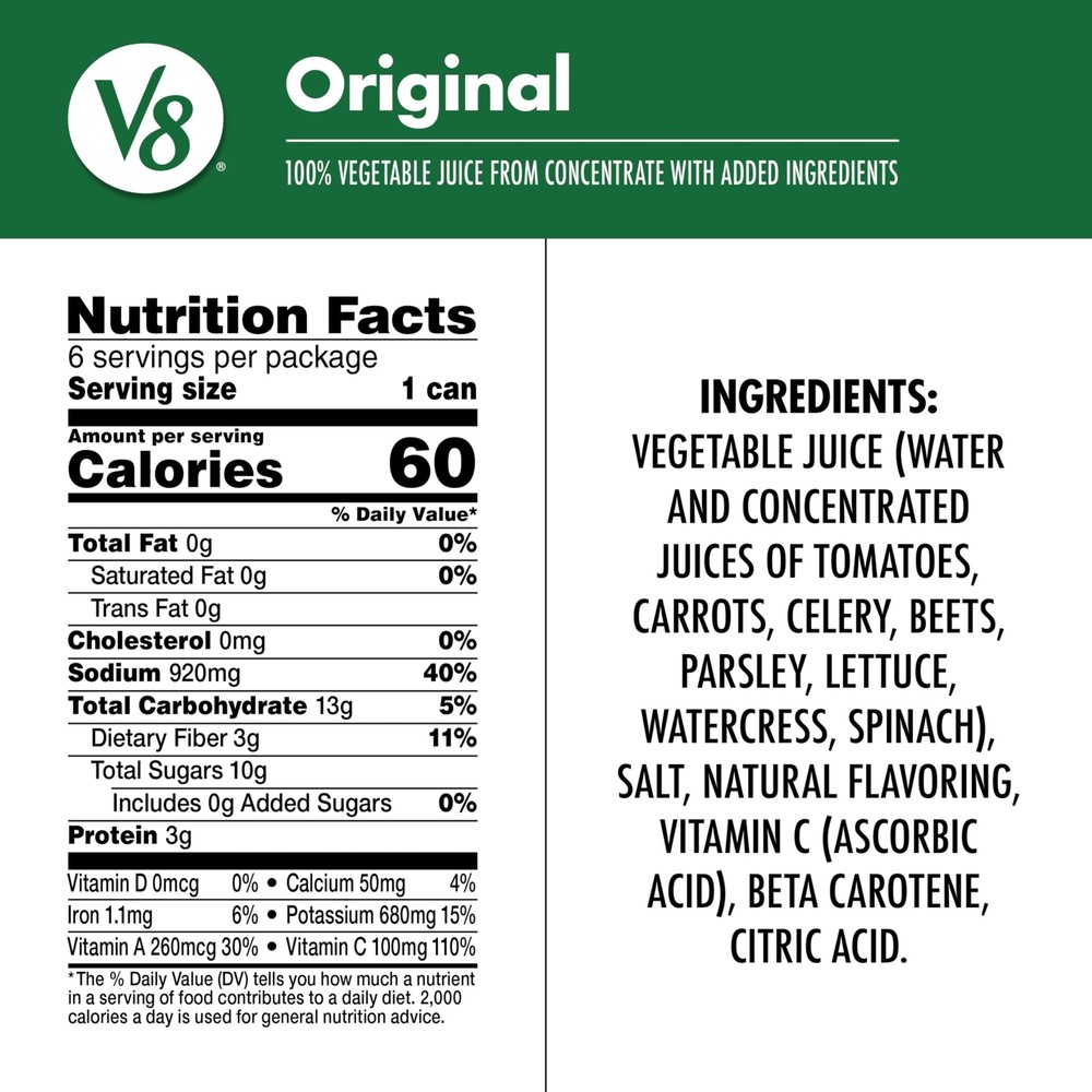 V8 Original 100% Vegetable Juice, 11.5 fl oz Can (24 Pack)