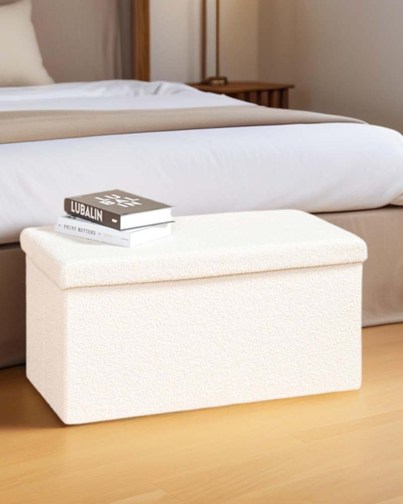 30 Inch Storage Ottoman Bench, Boucle Folding Ottoman Footstool, Rectangular ...