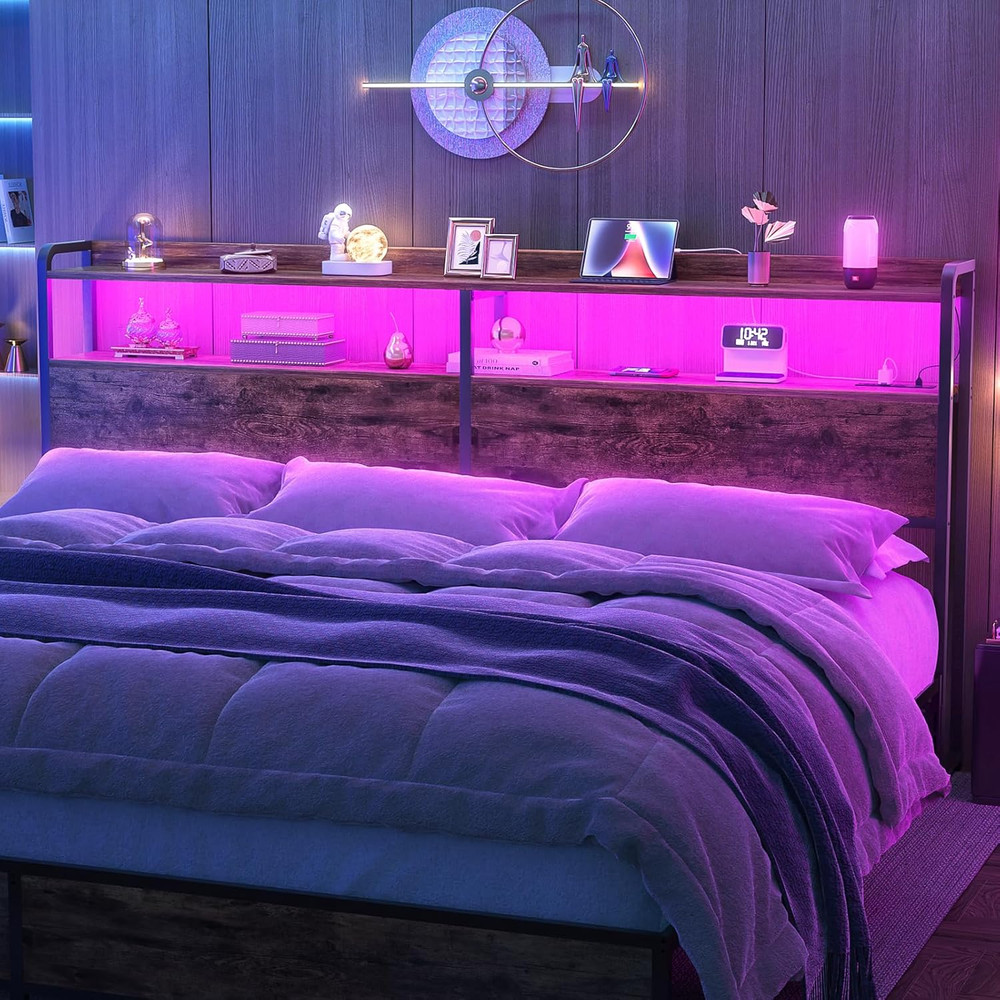 Rustic King Size Headboard with USB Ports, LED Light & Storage, Adjustable