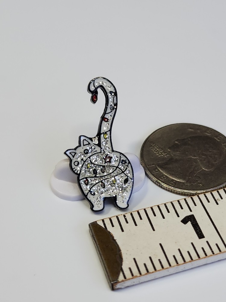 Glittery White Cat Walking Away Lapel Pin Sparkle!