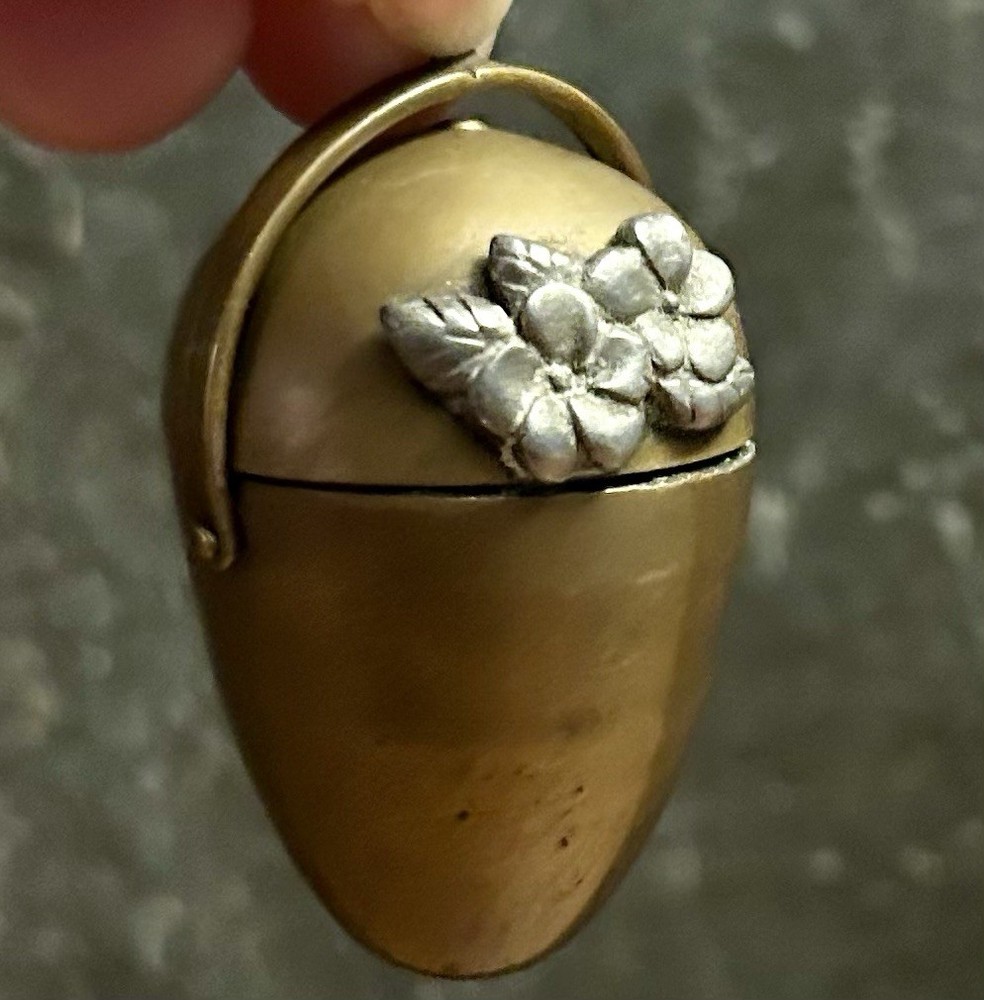 Victorian Brass Thimble Holder Sewing Egg 2" Silver Flowers Chatelaine 1880s