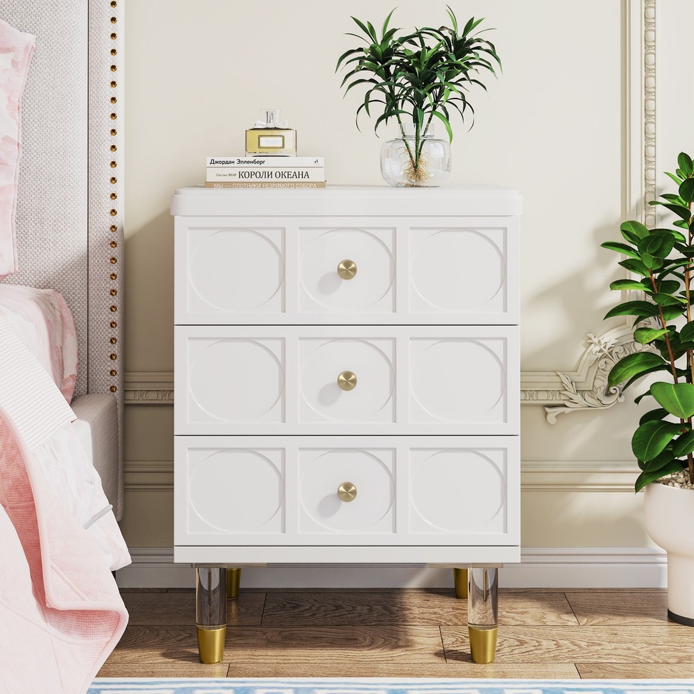 Modern 3-Drawer Nightstand White and Gold Bedside Table with Drawers for Bedroom