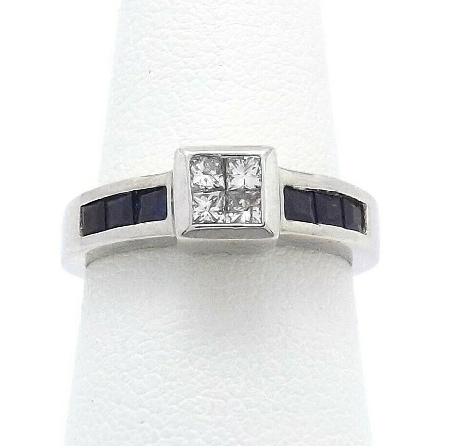 Solid 14k White Gold Natural Diamond Sapphire Engagement Ring Channel Setting