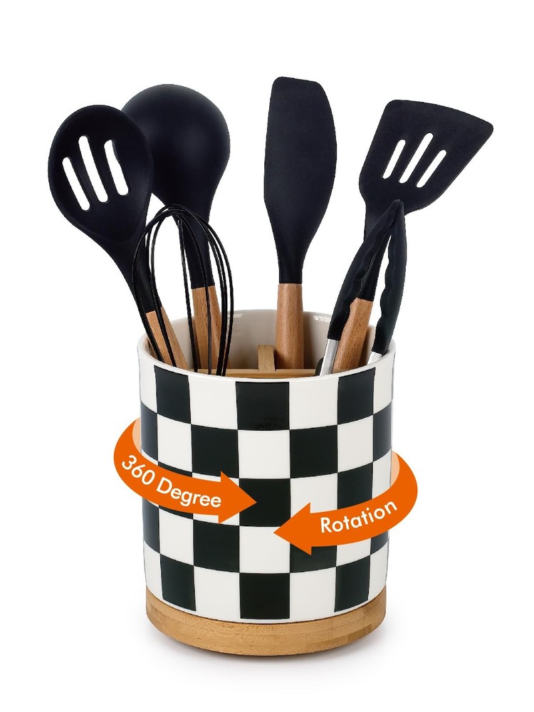 3 Compartment Utensil Holder, Extra Large Utensil Crock, Stable Ceramic Utens...