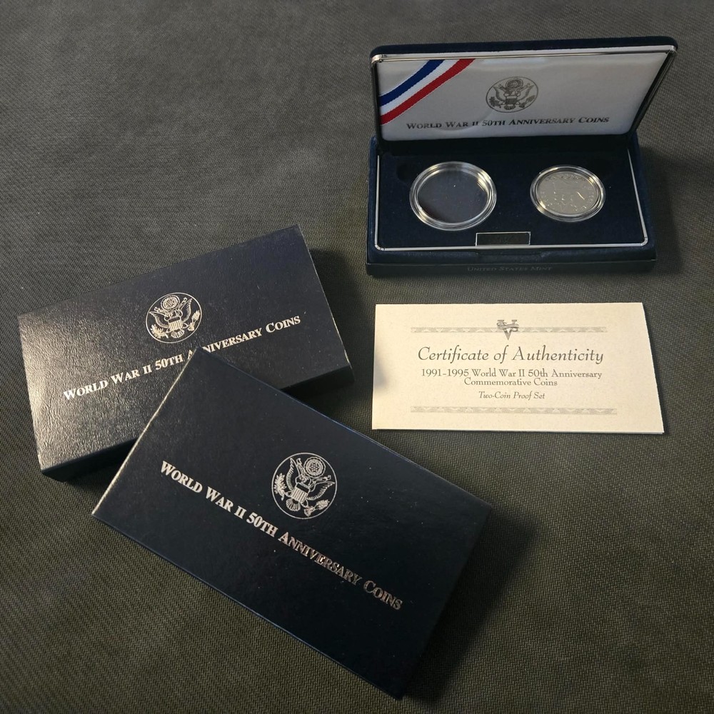 WWII 50th Anniversary Commemorative Proof Set - Missing Silver Dollar - w/ COA
