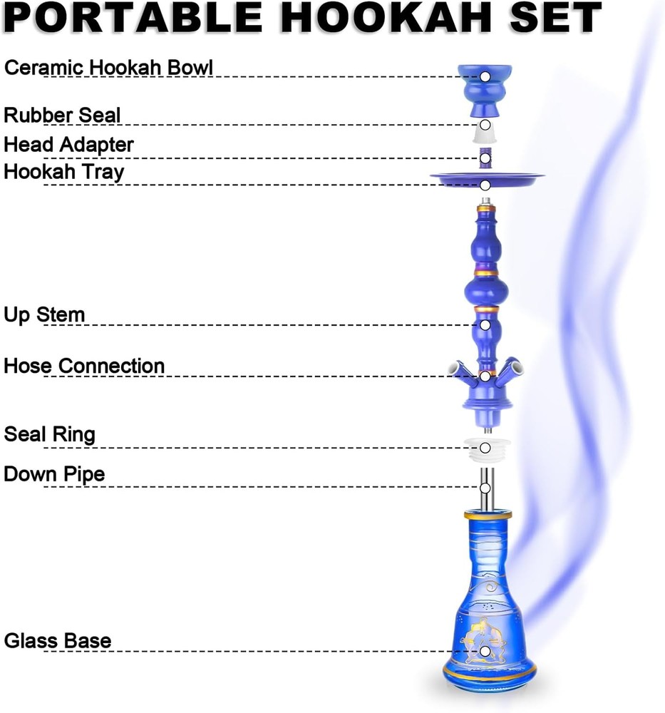 21'' Hookah Set 4 Hose With Everything, Glass Vase, Ceramic Blue