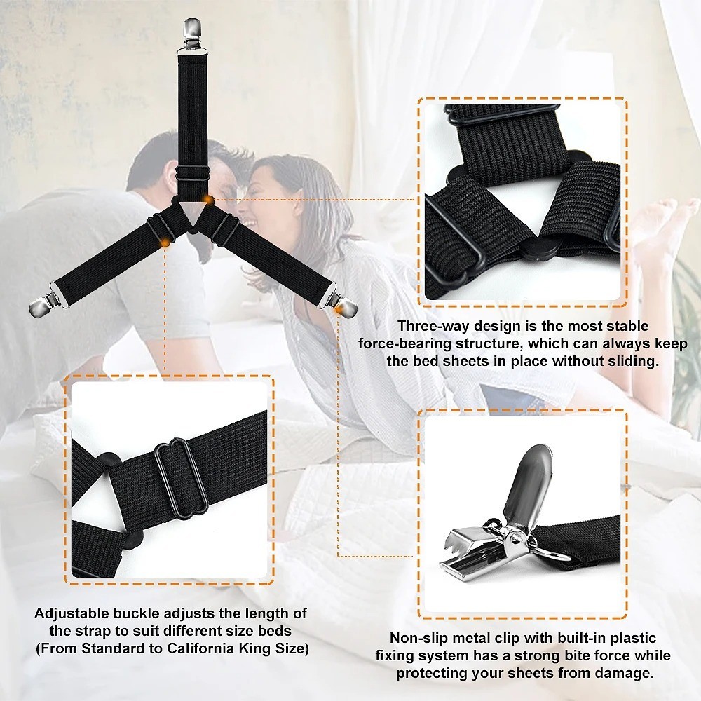4 Pack Bed Sheet Holder Straps Adjustable Fitted Sheet Clips Corner Grippers