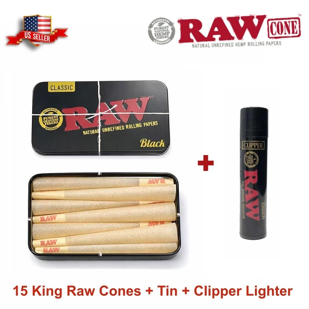 RAW Black King Size Pre-Rolled Cones 15 Counts 🌟 RAW Storage Tin 🌟 Lighter