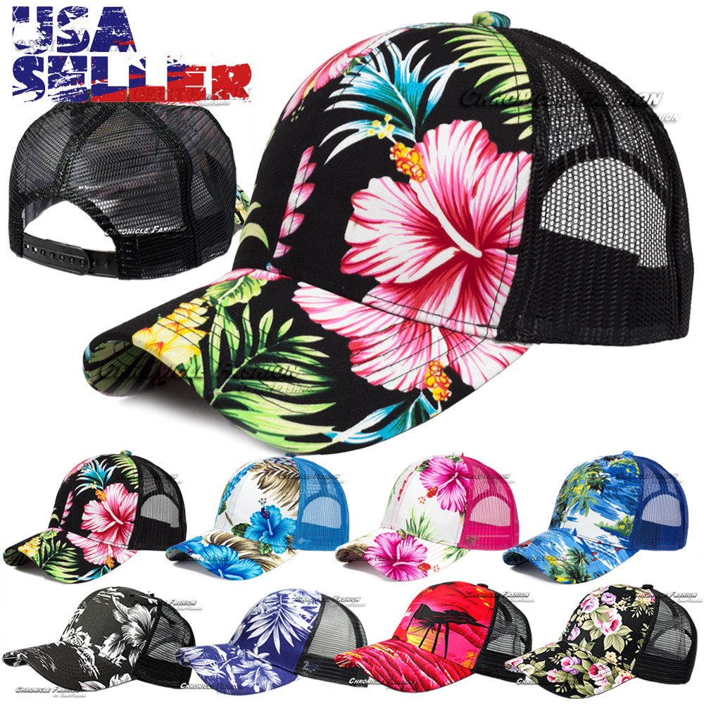 Trucker Hat Hawaii Floral Baseball Cap Adjustable Mesh Snapback Visor Blank Men