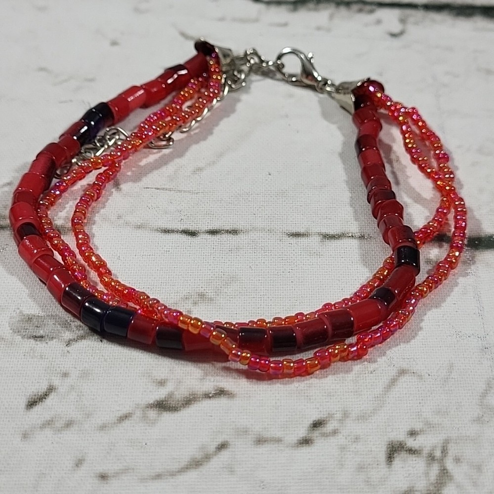 Bracelet Seed Bead 3 Strand Beaded Red Multi Strand
