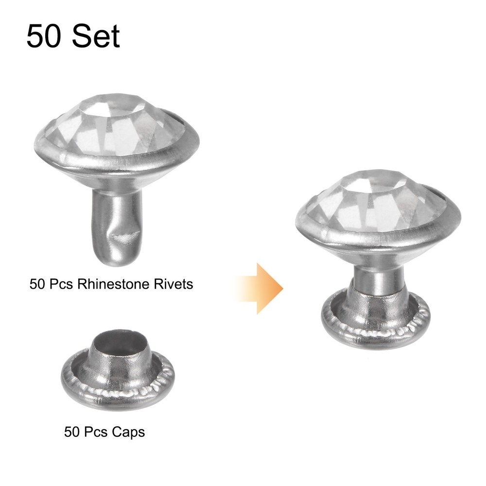 50pcs Crystal Rivets 9mm Rhinestone Rivets Rapid Stud Rivets, Silver