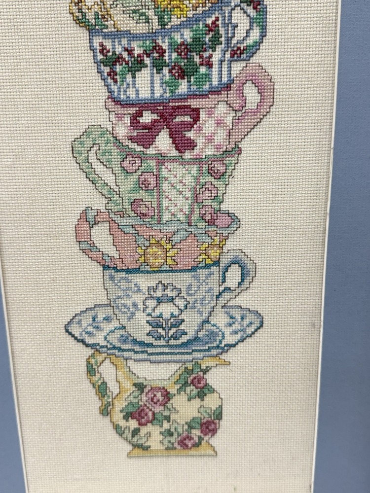 Vtg Framed & Completed Candamar Designs Tea Cup Stack Counted Cross Stitch