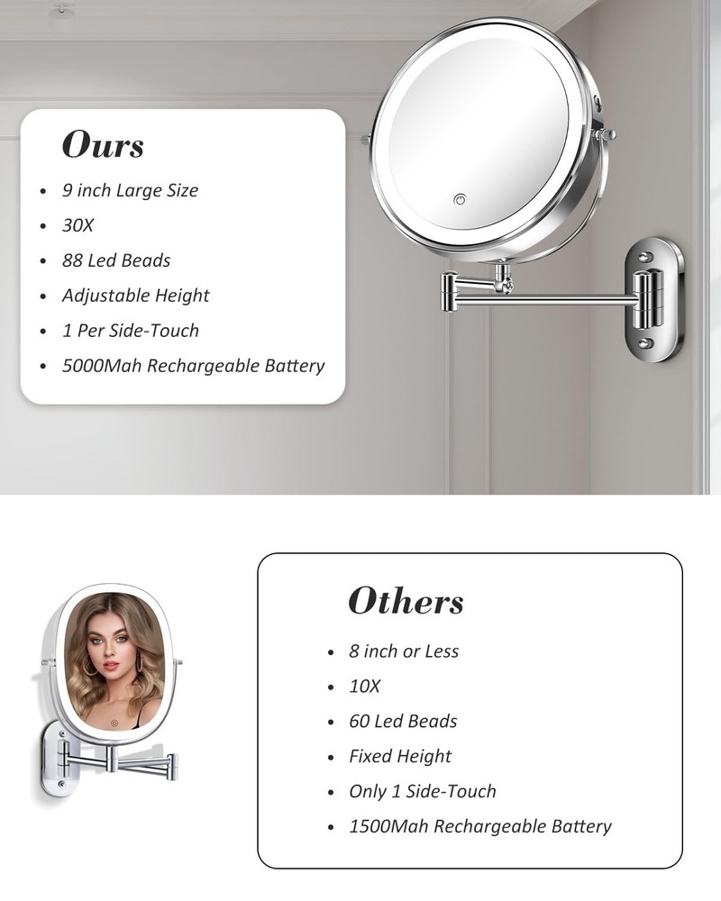 9'' 30X/1X Wall Mounted Lighted Makeup Mirror, Height Adjustable Double Sided...